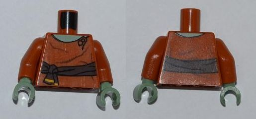 Lego Torso SW Dark Brown Waist Sash, Sand Green Neck Pattern / Dark Orange Arms / Sand Green Hands