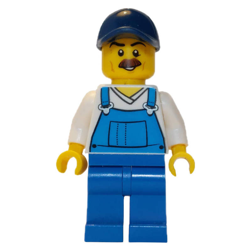 Lego Man, Blue Overalls over White V-Neck Shirt, Dark Blue Cap, Moustache