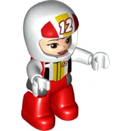 Duplo Figure with Helmet White with '12', Red Legs, Racing Jacket Print / Red