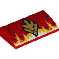 Lego Brick Curved 2 x 4 x 2/3 No Studs, with Bottom Tubes and Flames and Gold Lion Head Print / Red
