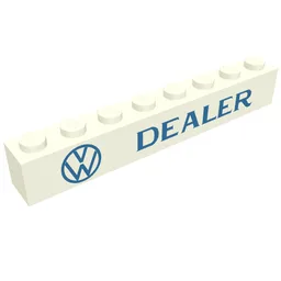 Brick 1 x 8 with 'VW DEALER' Large Logo, Blue Print / White