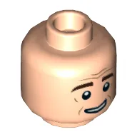 Minifig Head Cosmo Kramer, Raised Dark Brown Eyebrows, Cheek and Forehead Lines, Smile Print / Light Nougat