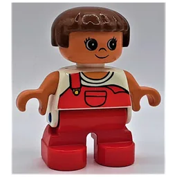 Duplo Figure, Early Child, with Straight Hair Brown, Red Legs, Red Overalls with 1 Strap Print / White
