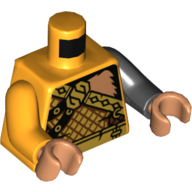 Lego Torso, Odd Arms, Armor, Gold, Bare Left Shoulder with Monkey Fur Print, Left Black Arm, Right Bright Light Orange Arm, Nougat Hands / Bright Light Orange