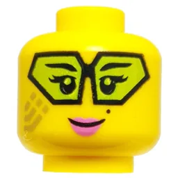 Minifig Head Dr. LaRow, Gold Circuitry, Lime Hexagonal Glasses, Pink Lips, Smile/Snarl / Yellow