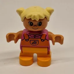 Duplo Figure, Early Child, with Pigtails Light Yellow, Orange Legs, Orange Overalls Print / Medium Dark Pink