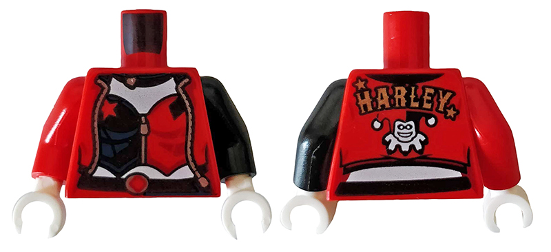 Lego Torso Female Outline, Black And Red Open Jacket with 'HARLEY' on Back, Stars and Corset Pattern / Black Arm Left / Red Arm Right / White Hands