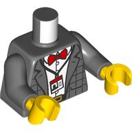 Lego Torso, Checkered Jacket, White Shirt, Red Bow Tie, ID Badge, Dark Brown Belt print, Dark Bluish Gray Arms, Yellow Hands / Dark Bluish Gray