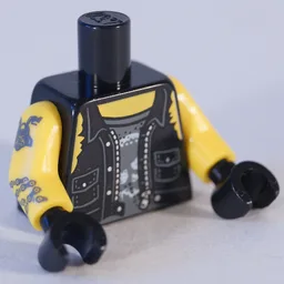Torso, Vest, Zipper, Pockets, Dark Bluish Grey Shirt with White Skull / Motorcycle on Back Print, Yellow Arms with Tattoos Print, Black Hands / Black