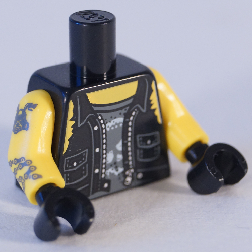 Lego Torso Vest, Zipper, Pockets, Dark Bluish Grey Shirt with White Skull / Motorcycle on Back Print, Yellow Arms with Tattoos Print, Black Hands / Black
