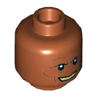 Minifig Head Kardue'sai'Malloc, Cheek Lines, Grin with Yellow Teeth Print / Dark Orange