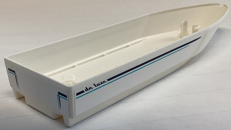 Lego Boat, Hull Unitary 28 x 8, Base with Dark Blue 'de luxe' and Stripes Pattern on Both Sides (Stickers) - Set 60221