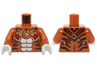 Lego Torso Black Bare Chest with Tiger Stripes, Dark Red and Gold Armor with Straps and Fire Chi Emblem Pattern / Dark Orange Arms / White Hands