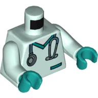 Torso Medical Scrubs, Dark Turquoise Pocket and Collar, Stethoscope Print, Light Aqua Arms, Dark Turquoise Hands / Light Aqua