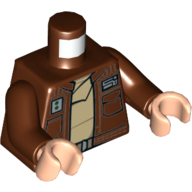 Lego Torso Open Jacket with Pockets and Badges over Belt and Tan Shirt / Seam Lines and Tabbed Waistband in Back Print, Reddish Brown Arms, Light Nougat Hands / Reddish Brown