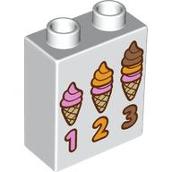 Lego Duplo Brick 1 x 2 x 2 with Bottom Tube with '1 2 3', 3 Sizes Icecreams print / White