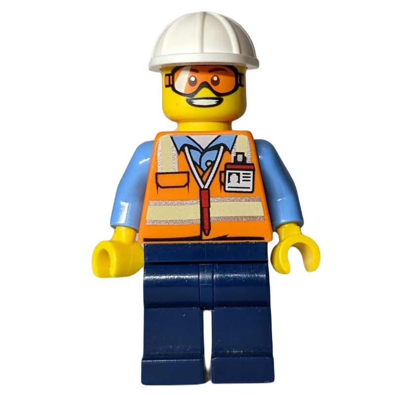 Lego Ground Crew, Orange Safety Vest, Dark Blue Legs, White Hard Hat, Orange Safety Goggles