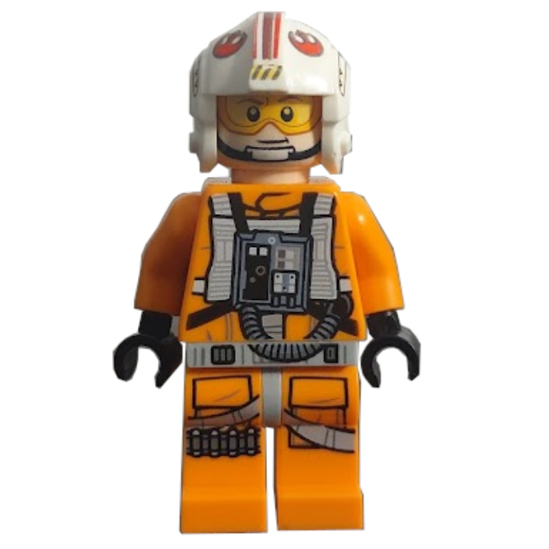 Lego Luke Skywalker, Orange Rebel Pilot Outfit, Light Bluish Gray Hips, Black Hands, Printed Visor, Detailed Chest Panel