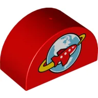 Duplo Brick 2 x 4 x 2 Curved Top with Airplane Circling Globe Print / Red