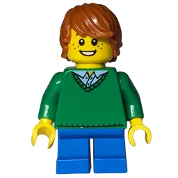 Boy, Green Sweater, Short Blue Legs, Dark Orange Hair
