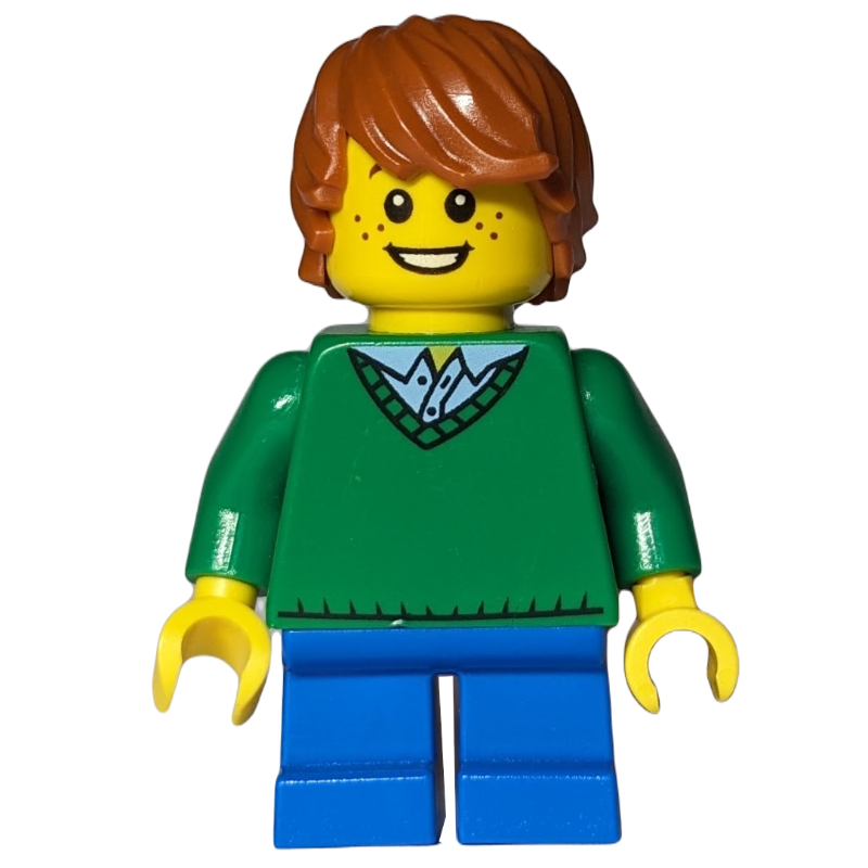 Lego Boy, Green Sweater, Short Blue Legs, Dark Orange Hair