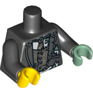 Lego Torso, Odd Hands, Jacket and Tartan Vest, Brown Tie, Half Normal, Half Torn Print, Black Arms, Left Sand Green Hand, Right Yellow Hand / Black