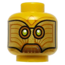 Minifig Head Temple Guard, Droid, Dark Orange/Lime Eyes, Lines / Pearl Gold