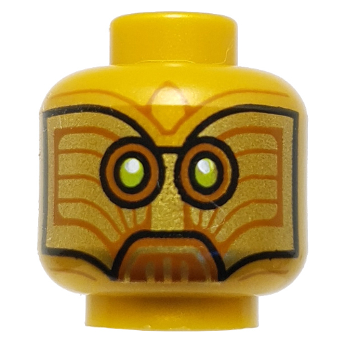 Lego Minifig Head Temple Guard, Droid, Dark Orange/Lime Eyes, Lines / Pearl Gold