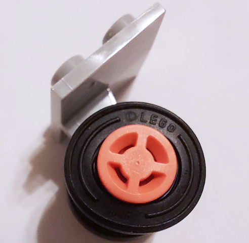 Lego Plate, Modified 2 x 2 Thin with Dual Wheels Holder - Split Pins with Coral Wheels with Slot and Black Tires (4870 / 34337 / 59895)