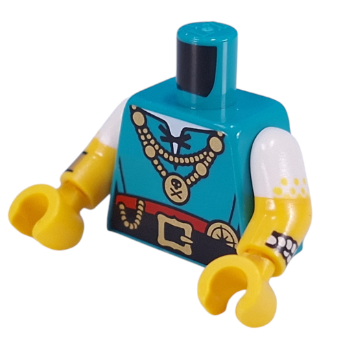 Lego Torso, Dual Molded Arms with Gold Chains, Skull, And Bones Pendant, Black Belt, Gold Compass, Chains, Bracelet, Pearl Bracelet print, White Sleeves Pattern, Yellow Arms and Hands / Dark Turquoise