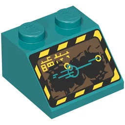 Brick Sloped 45° 2 x 2 with Black and Yellow Border and Screen Print (Rock Raiders) / Dark Turquoise