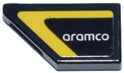Tile, Modified 1 x 2 Wedge Left with White 'aramco' Logo and Yellow Stripe Border Pattern (Sticker) - Set 76925