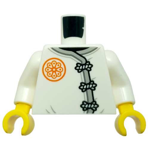 Lego Torso, Tunic, Light Bluish Grey Trim, Black Clamps, Orange Symbol print, White Arms, Yellow Hands / White
