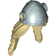 Lego Hair and Helmet, Long with Side Holes, Viking Helmet Metallic Silver Pattern / Tan