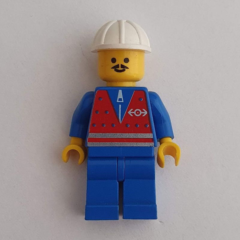 Lego Train Worker - Red Vest, Blue Legs, White Helmet, Moustache