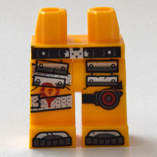 Lego Hips and Bright Light Orange Legs with Red Circle on Black Knee Strap, Silver Plates, and Tape Knee Strap Print / Bright Light Orange