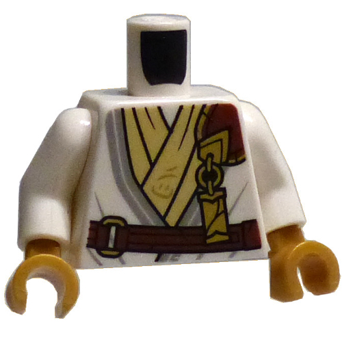 Lego Torso, White/Tan Nina Robes, Reddish Brown Belt, Gold Clamp print, White Arms, Pearl Gold Hands / White