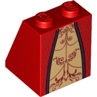 Lego Brick Sloped 65° 2 x 2 x 2 with Bottom Tube with Gold Inset Skirt with Dark Red Trim and Background Print / Red