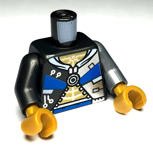 Lego Torso, Odd Arms, Jacket, Pearl Titanium and Silver Trim, Gold Chest, Dark Azure Decorations Print, Left Flat Silver Arm, Right Pearl Titanium Arm, Pearl Gold Hands / Pearl Titanium