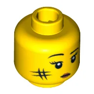 Minifig Head Cave Woman, Eyelashes and Eyebrows, White Pupils, Red Lips and Smudge on Cheek Print / Yellow