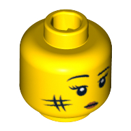 Lego Minifig Head Cave Woman, Eyelashes and Eyebrows, White Pupils, Red Lips and Smudge on Cheek Print / Yellow