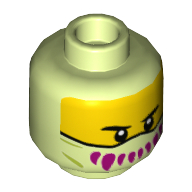 Lego Minifig Head, Yellow Face, Facemask with Magenta Fanged Teeth Print / Yellowish Green