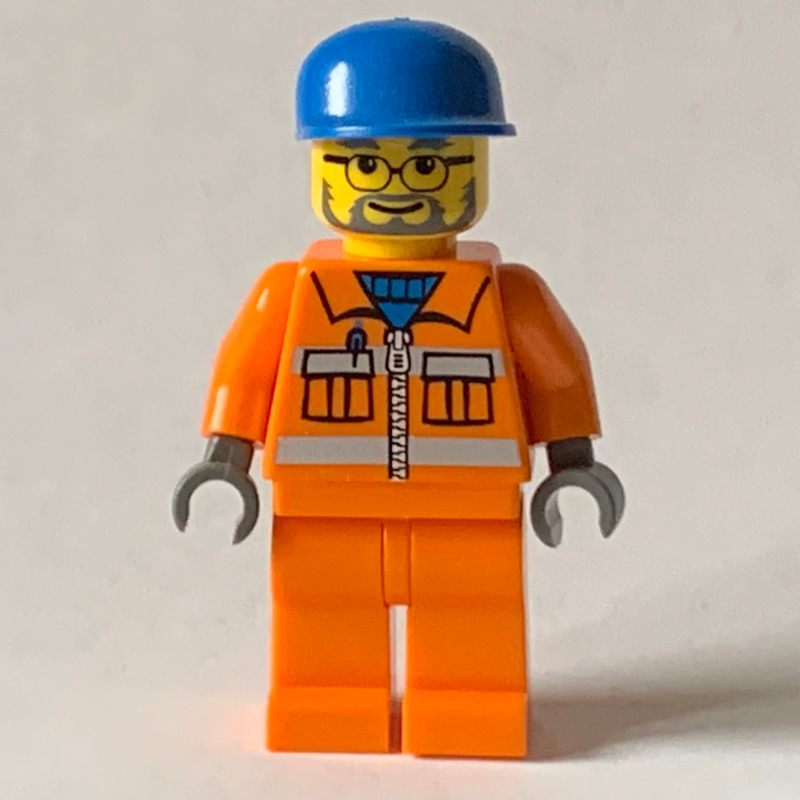 Lego Construction Worker in Orange Jacket with Zipper and Reflective Stripes, Blue Cap, Gray Beard