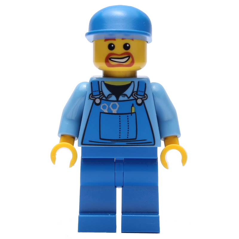 Lego Construction Worker, Blue Overalls over Medium Blue Shirt, Blue Cap, Goatee Beard