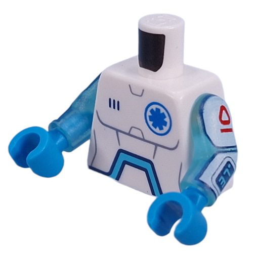 Lego Torso, Dark Azure Star of Life, Droid Panels, Battery on Back print, Trans-Light Blue Arms, Dark Azure Hands / White