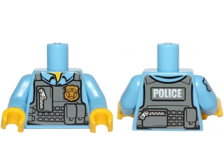 Lego Torso Police Shirt with Dark Bluish Gray Vest, Gold Badge, Zipper and White 'POLICE' Pattern on Back / Medium Blue Arm Left / Medium Blue Arm Right with Star Badge Pattern / Yellow Hands