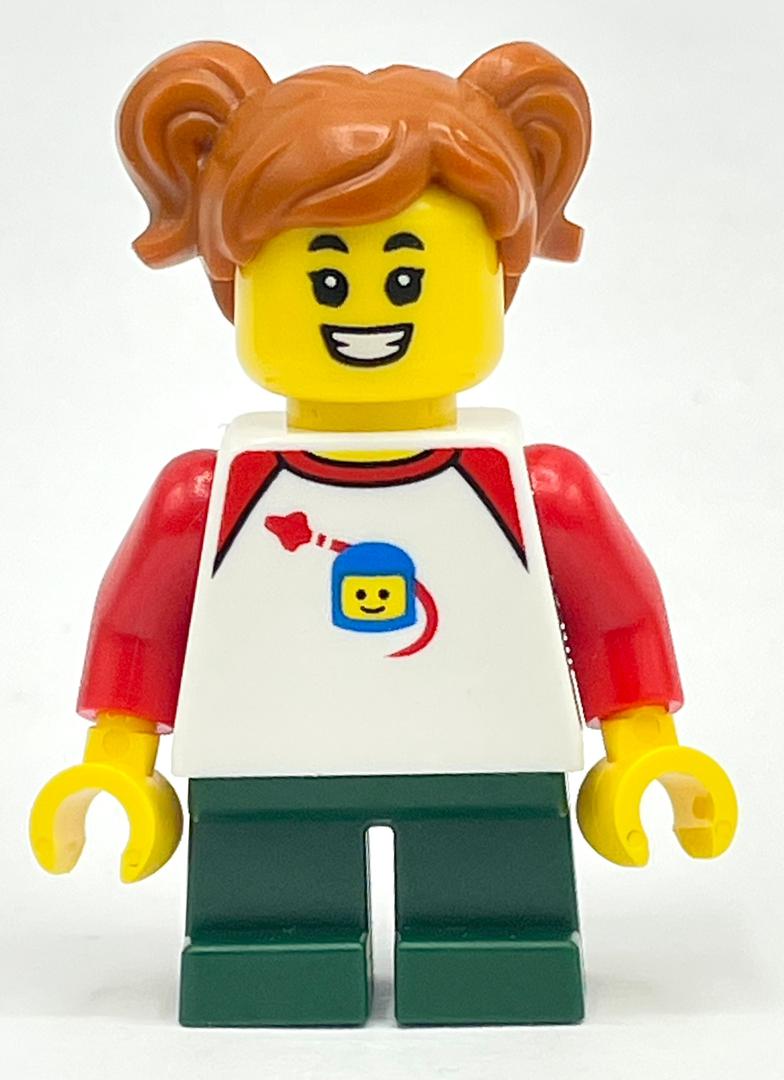 Lego Kid - White Torso, Dark Green Legs, Dark Orange Hair