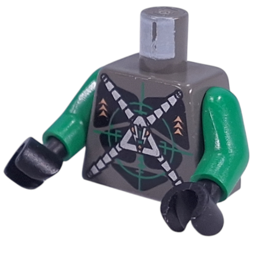 Lego Torso Insectoids Silver X on Green Verniers Print, Green Arms, Black Hands / Dark Gray