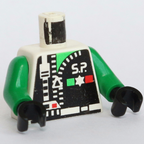 Lego Torso Space Police with Zipper, 'S.P.' and Star Print, Green Arms, Black Hands / White