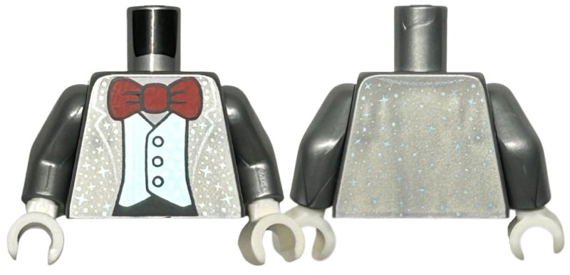 Lego Torso Tuxedo Jacket Open with Metallic Light Blue Stars and Dots over Vest and White Shirt, Red Bow Tie, Black Stomach Pattern / Flat Silver Arms / White Hands